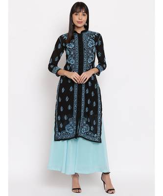 Black chikankari kurti with Blue Chikankari Thread Work 1