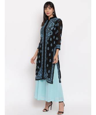 Black chikankari kurti with Blue Chikankari Thread Work 3