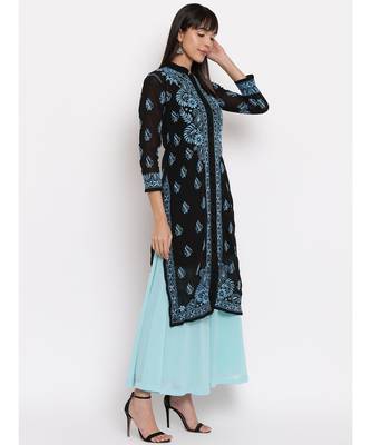 Black chikankari kurti with Blue Chikankari Thread Work 4