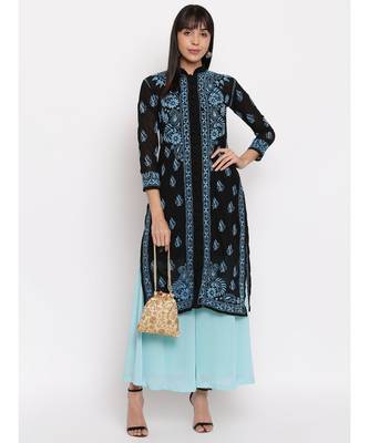 Black chikankari kurti with Blue Chikankari Thread Work 7