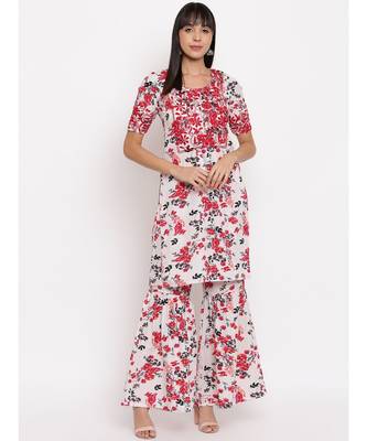 Crepe floral printed chikankari kurti paired with matching sharara 1