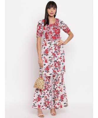 Crepe floral printed chikankari kurti paired with matching sharara 5