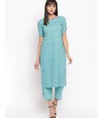Light blue printed kurti with cut sleeves paired with matching trousers