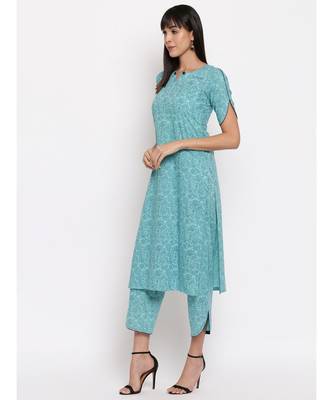 Light blue printed kurti with cut sleeves paired with matching trousers 2