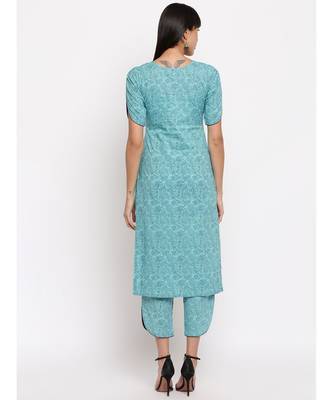Light blue printed kurti with cut sleeves paired with matching trousers 4