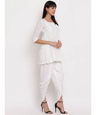 White gathered chikankari short top paired with white dhoti set 2