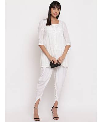 White gathered chikankari short top paired with white dhoti set 4
