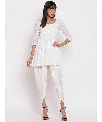 White gathered chikankari short top paired with white dhoti set 7