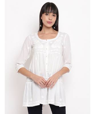 White chikankari short gather cotton top 1