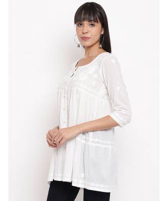 White chikankari short gather cotton top 2