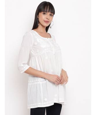 White chikankari short gather cotton top 3