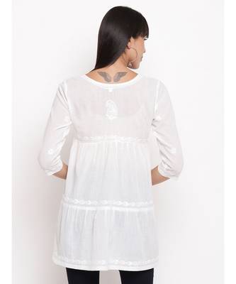 White chikankari short gather cotton top 4