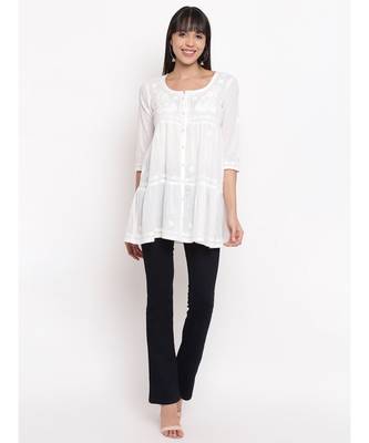 White chikankari short gather cotton top 5