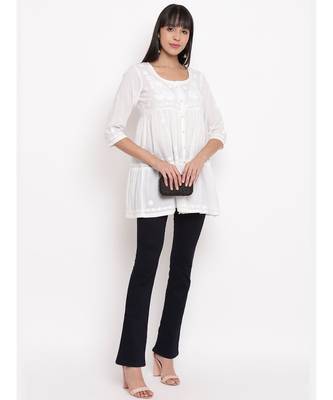 White chikankari short gather cotton top 6