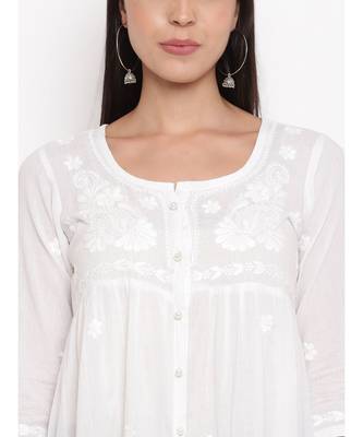 White chikankari short gather cotton top 7