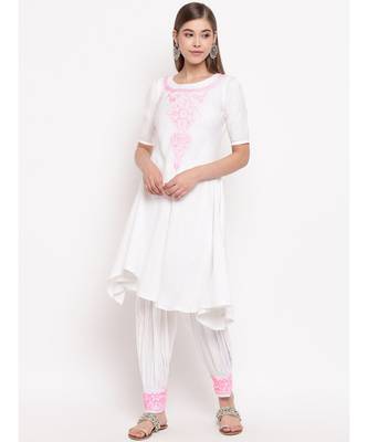 White chikankari a-line  kurti with pink thread work paired with designer salwars 1