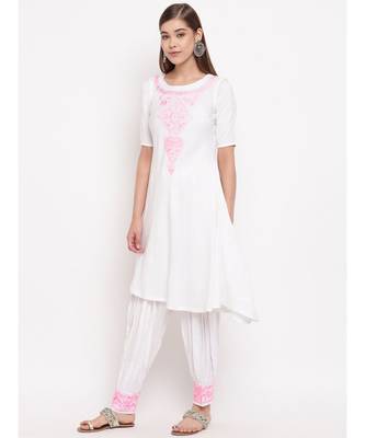 White chikankari a-line  kurti with pink thread work paired with designer salwars 2