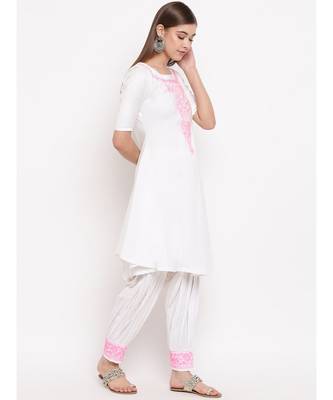 White chikankari a-line  kurti with pink thread work paired with designer salwars 3