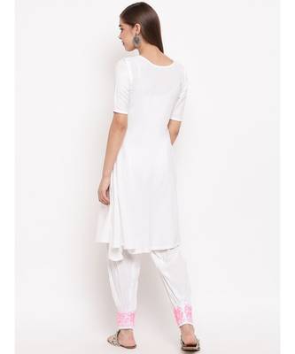 White chikankari a-line  kurti with pink thread work paired with designer salwars 4