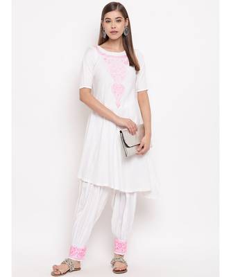 White chikankari a-line  kurti with pink thread work paired with designer salwars 5