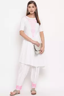 White chikankari a-line  kurti with pink thread work paired with designer salwars