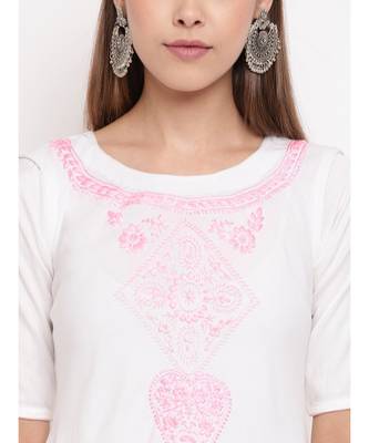 White chikankari a-line  kurti with pink thread work paired with designer salwars 6