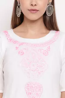 White chikankari a-line  kurti with pink thread work paired with designer salwars
