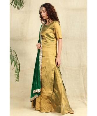 Golden Kurti and Skirt paired with Velvet Green Dupatta 2
