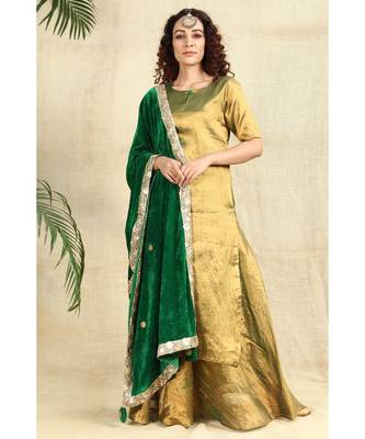 Golden Kurti and Skirt paired with Velvet Green Dupatta 1