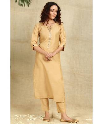 Beige Art Silk Kurti with Mukaish Work paired with Trousers 1