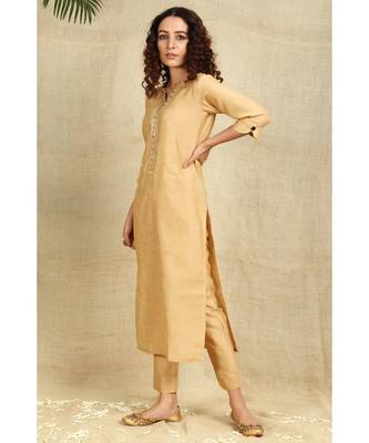 Beige Art Silk Kurti with Mukaish Work paired with Trousers 2
