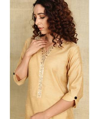 Beige Art Silk Kurti with Mukaish Work paired with Trousers 4