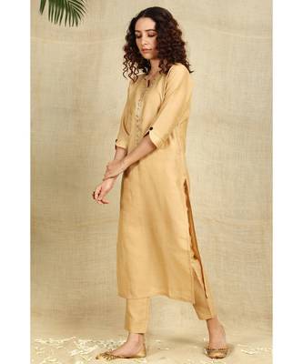 Beige Art Silk Kurti with Mukaish Work paired with Trousers 5