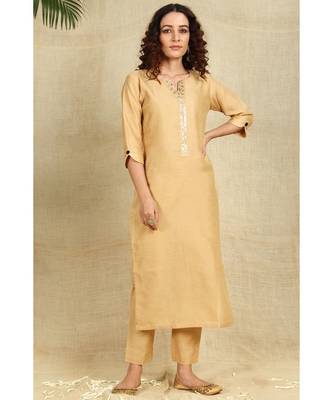 Beige Art Silk Kurti with Mukaish Work paired with Trousers 6