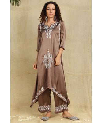 Bronze Chikankari Kurti with white Resham Thread Work paired with palazzo 1