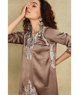 Bronze Chikankari Kurti with white Resham Thread Work paired with palazzo 2