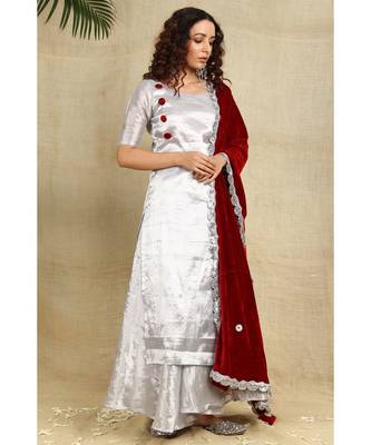 Silver cotton tissue kurti and flared palazzo paired with red velvet duppatta 2