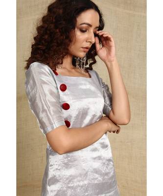 Silver cotton tissue kurti and flared palazzo paired with red velvet duppatta 6