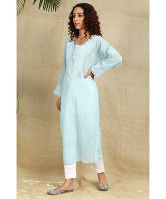 Blue chikankari georgette kurti with white thread work 2