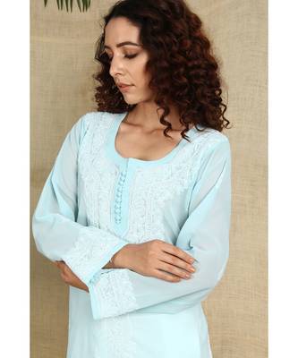Blue chikankari georgette kurti with white thread work 3