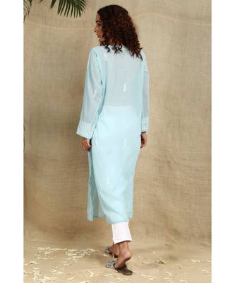 Blue chikankari georgette kurti with white thread work 4
