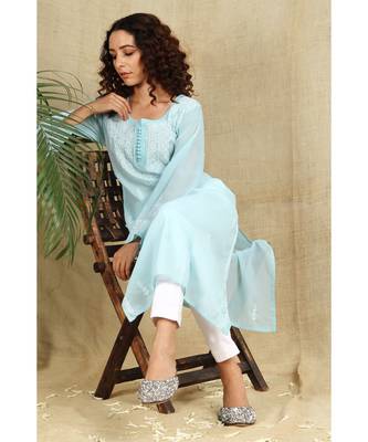 Blue chikankari georgette kurti with white thread work 5