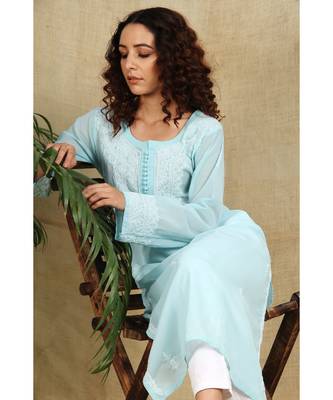 Blue chikankari georgette kurti with white thread work 6