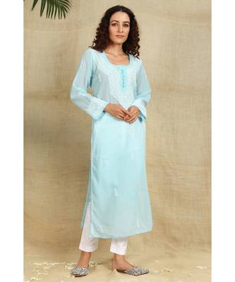 Blue chikankari georgette kurti with white thread work 1