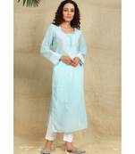 Blue chikankari georgette kurti with white thread work