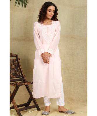 Peach chikankari georgette kurti with white thread work 2