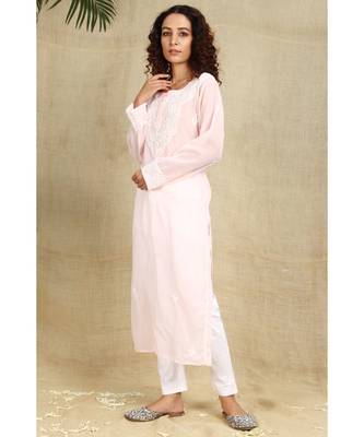 Peach chikankari georgette kurti with white thread work 1
