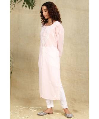Peach chikankari georgette kurti with white thread work 3