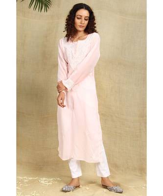 Peach chikankari georgette kurti with white thread work 4