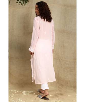 Peach chikankari georgette kurti with white thread work 5
